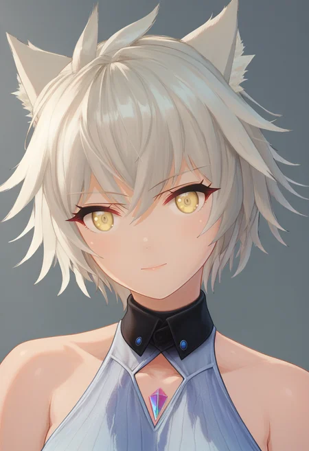 score_9, score_8_up, score_7_up, 1girl, solo, upper body, ribbed shirt, chest jewel, pale yellow eyes, looking at viewer, messy hair, na'el, simple background<lora:nael xl 086:1>