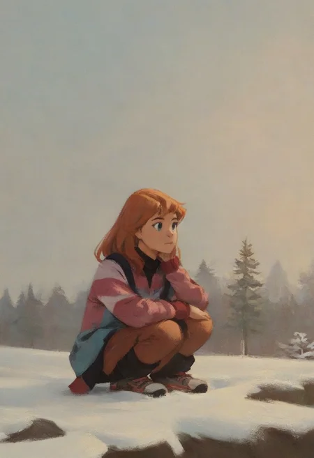 score_9, score_8_up, score_7_up, score_6_up, score_5_up, score_4_up, rating_safe, masterpiece monet painting, julie_power, squatting in the snow