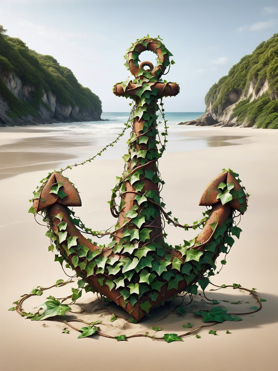 A rusty anchor half-buried in the sand, draped in tangled ais-ivy <lora:ais-ivy-sdxl:1>