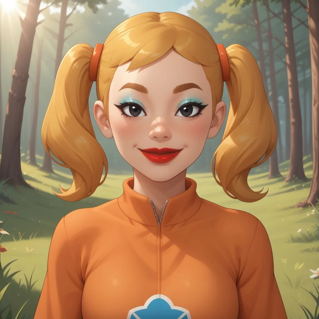 score_9, score_8, BREAK, solo, mii, wii, wii sports, 1girl, female mii, cute, attractive, blonde hair, twintails, dark blonde eyebrows, makeup, blush, blue eyeshadow, red lips, lipstick, orange clothing, white pants, breasts, Nintendo Mii, modern_mii, classic_mii, Midoriya_(OC_Mii), black eyes sexy pose, smile, outdoors, sunlight, shadows, evening lighting, natural lighting, forest, trees, grass, orange sky, sunset