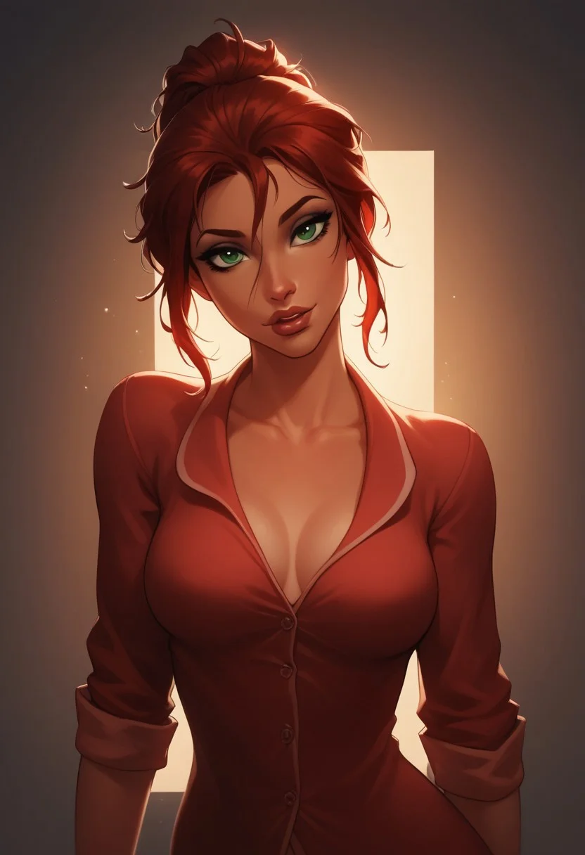 score_9, score_8_up, score_8,
JanePorterXLP, pajamas, moody lighting,
1girl, sexy girl, solo,38 years old, hair in messy ponytail, green eyes, red hair,
( perky (medium breasts)), (full juicy lips),
tan,
aroused,sunshine,
eye contact, looking seductively at viewer,
full color