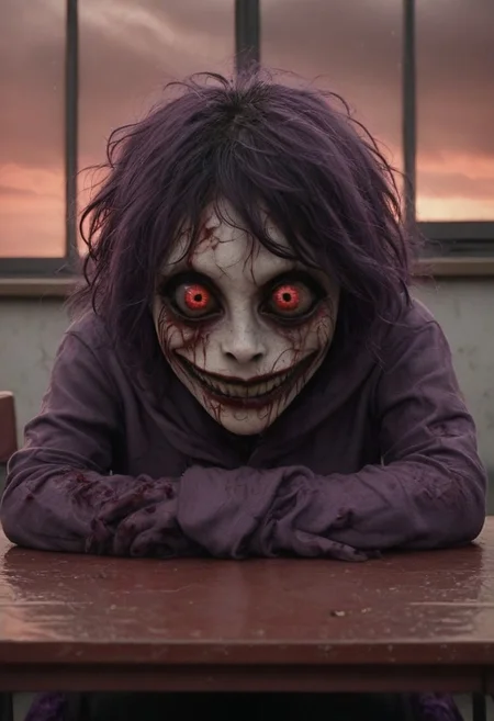 sitting at desk, sitting on chair, head lying down on desk, head down on desk, classroom, windows, red sky, dark red sky, cloudy, blood red sky, horror, scary, 
BREAK
1 girl, solo, short hair, purple hair, long eyelashes, purple hoodie, purple skirt, purple shoes, hood up, short black hair, messy hair, red eyes, small pupils, black sclera, bloody face, wide grin, wide smile, wide eyed, scary, evil smile, close up on face, blood everywhere, raining blood,