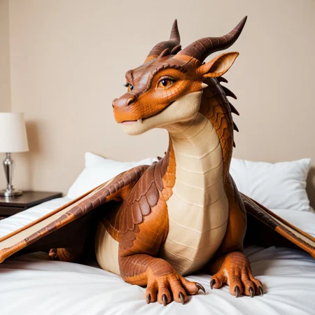 score_9, score_8_up, score_7_up, score_6_up, score_5_up, score_4_up, masterpiece, high quality, realistic, detailed, best quality, white bed, solo, rating_safe, source_furry, bedroom, smiling, happy, detailed eyes, detailed face, (looking at viewer, on belly), Mudwing_wof, brown scales, squarish face, darker colored snout, tan underbelly, dragon, horns, claws, wings, tail, feral, (1girl, female, eyelashes, feminine, slender build, thinner)