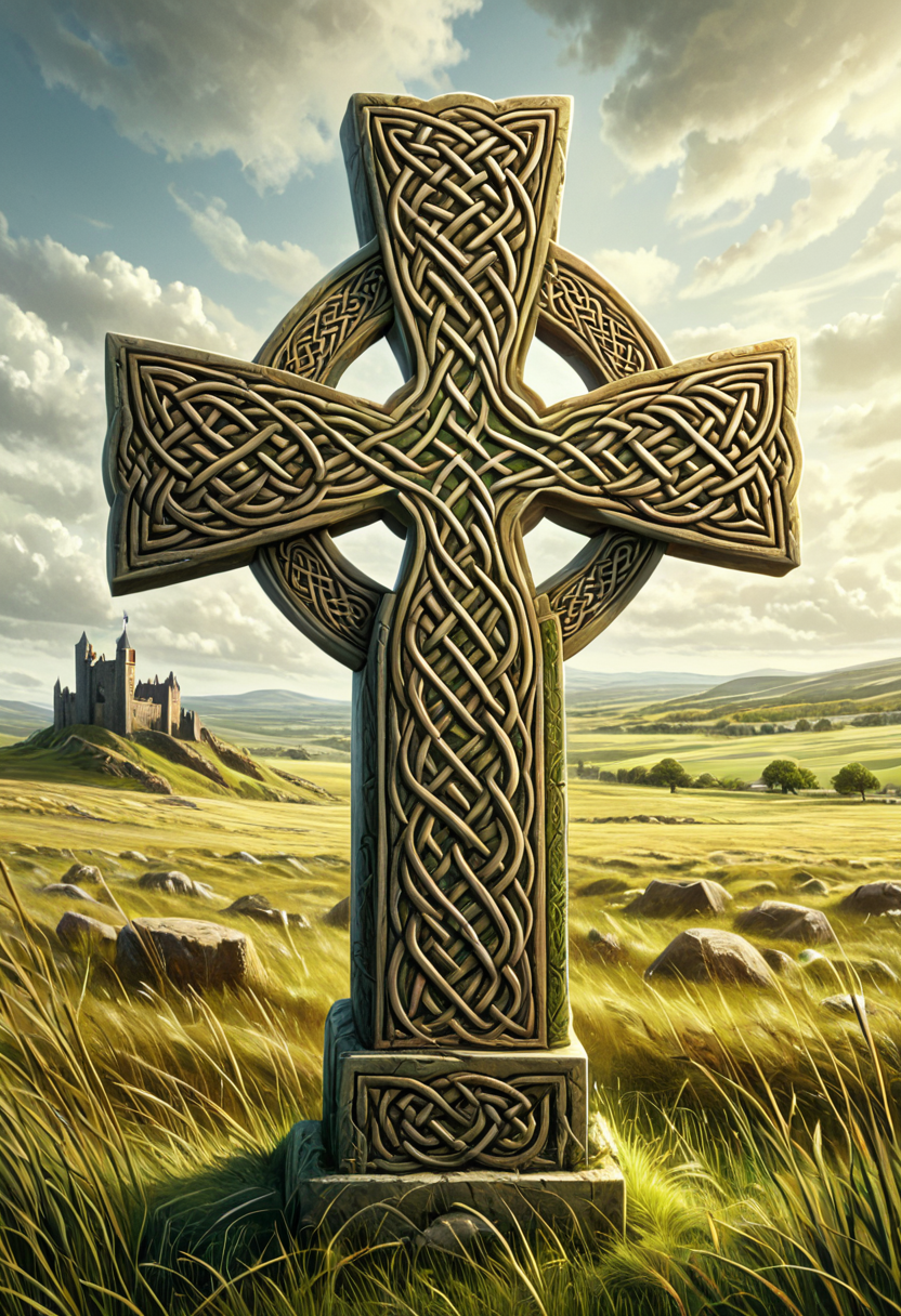 celtic cross illustration, grassland, castle in background, celtic knots on the border, ornaments, great artwork, digital painting, masterpiece, high detail, absurdres, mobe-cedeen, <lora:CelticDetailEnhancer_epoch_12:1.25>