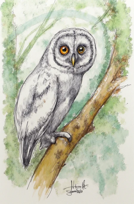 Sharp image of a rough sketch, rendered in vibrant multi colour ballpoint pen, capturing the adorable features of a close-up portait of an owl perched on a tree branch. The owl is facing towards the right side of the image, with its head turned slightly to the left. It has large, round, orange-colored eyes that are looking directly at the camera. Its body is covered in grey feathers, and its wings are slightly spread out. The tree branch is covered with green leaves and twigs, and the background is blurred, but it appears to be a forest or wooded area with trees and foliage. p3nsk, <lora:p3nsk:1>