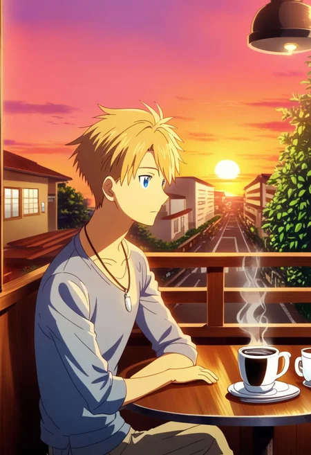 high resolution, professional photography, solo, best quality, 1Boy, Yamato Ishida, Blond Hair, Deep Blue Eyes, Necklace, cafe, corner, sit, soffa, casual outfit, coffee, waiting, warm building, sunset, OverallDetail