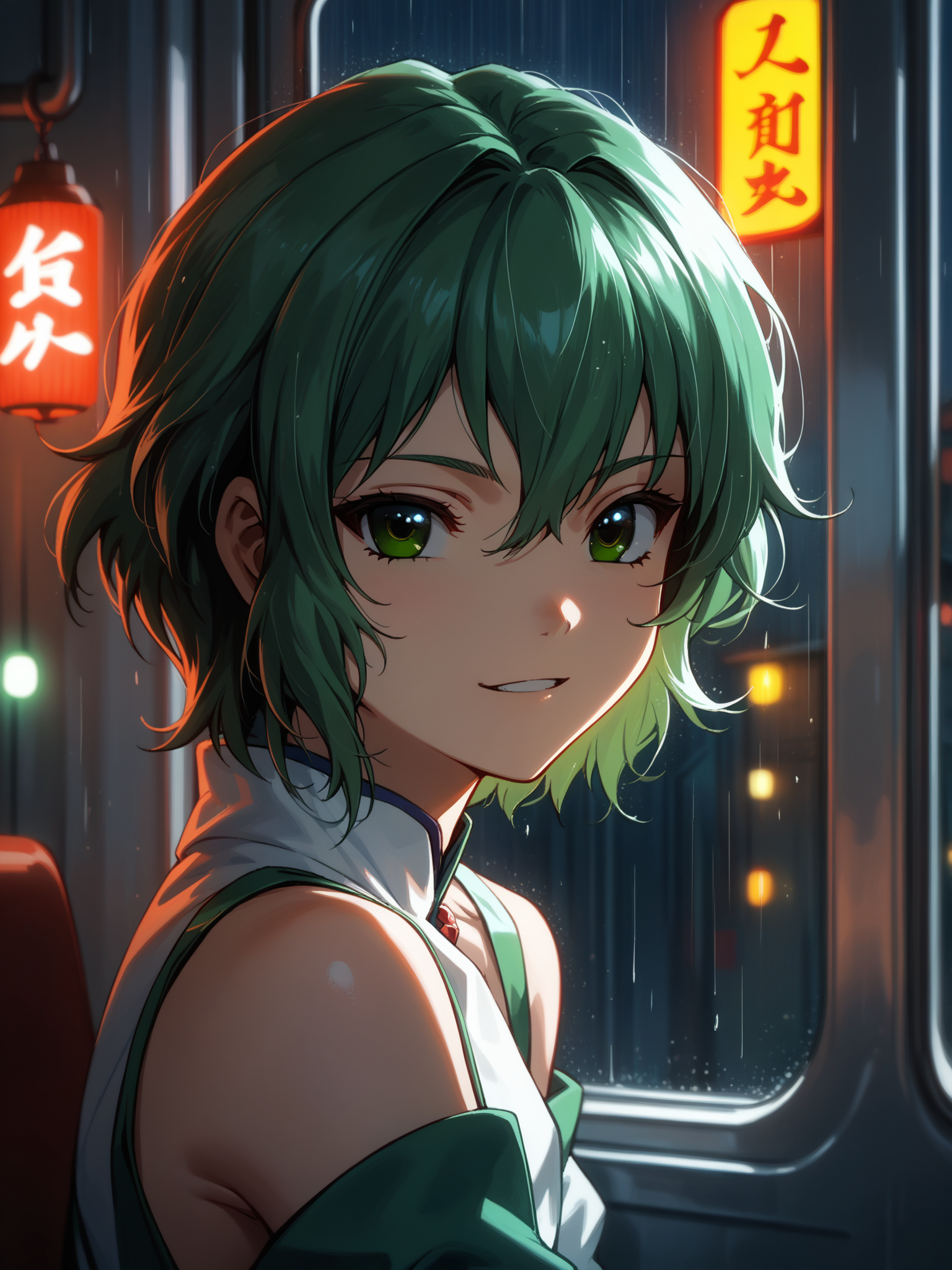 (upper body, solo focus:1.2) <lora:happy_tentacle-korone-v0.2:1>, ht_korone, (green hair, green eyes:0.5) (petite:1.2), <lora:Shed_The_Skin's StS_age_slider_v1_initial_release:-1.5> ( (detached sleeves :1.1) :1.1) ( (head back :0.8) , , (excited :1.2) , seductive smile , (looking at viewer:0.6) :1) indoors, ((night, night sky :0.6), rain :0.8), ( window :0.9), (furniture:0.9), loaded interior , (sidelighting:0.5), (light rays, light particles:0.5) , , , (chinese architecture :0.9), train interior, alley, formal ( :0.8) score_9, score_8_up, score_7_up, score_6_up, score_5_up, score_4_up, ( [(realistic, photorealistic:1.3):(realistic:1.2):14] [(3d:1.2)::12] [:anime coloring:10] :1) <lora:LUUNA's Lunas-NijiJourney-SDXL-B2:0.35>, nijijourney <lora:prgfrg23's Counterfeit-V3.0 Style SDXL_LoRA_Pony Diffusion V6 XL:0.6> <lora:mfcg's mfcgXL:0.12> <lora:reweik's gyokai(himehajime)_PonyXL_style_v01:0.14>