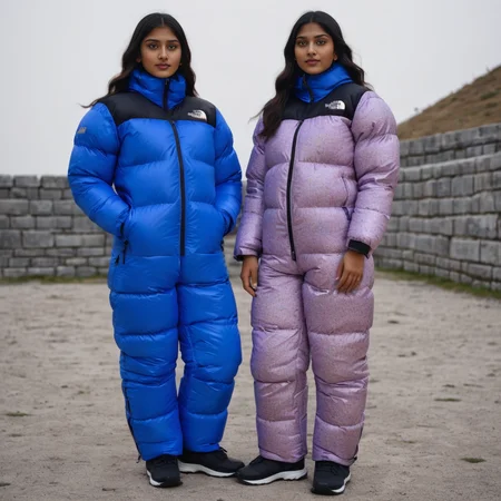 (full body shot) cute two indian girls wearing Abstract prints tnf_nuptse jacket and thick puffy double layered tnf_nuptse parkasite downsuit glosssuit, hyperdetailed photography,4k textures,intricate details,4k resolution <lora:pufferdown_tnf_nuptse:0.5>, cinematic still <lora:Parkasite_XL-000010:0.6>