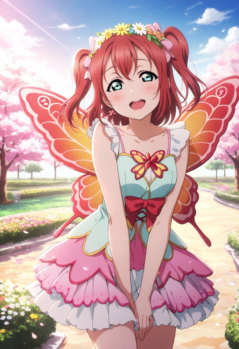 masterpiece, best quality, solo, 1girl, aged up, happy, 
 ruby_kurosawa, kurosawa_ruby, short hair, bangs, red hair, aqua eyes, green eyes, two side up, fairy-themed idol dress, sheer pastel layers, petal skirt, butterfly wings, floral crown, garden stage in spring bloom, morning sunlight through trees, butterflies fluttering around, innocent and magical atmosphere, soft pose and gentle expression