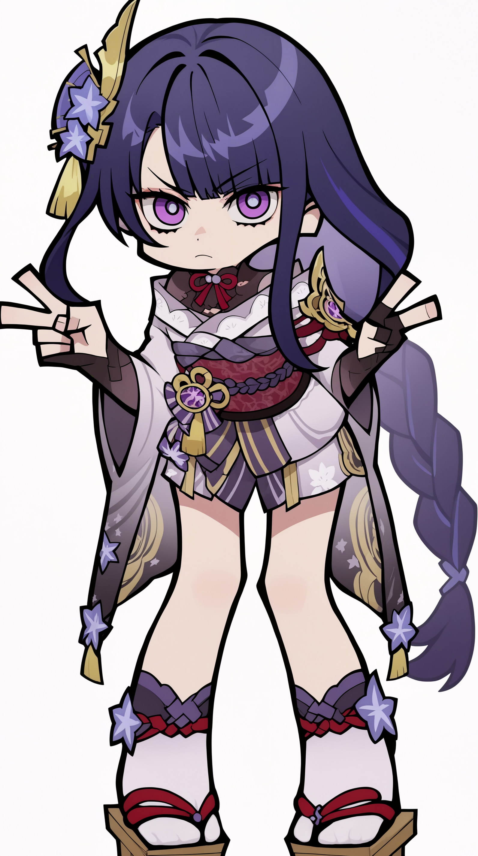 score_9, score_8_up, score_7_up,anime_source, source_anime, best background, detailed background, anime screencap,simple background, white background,    zzzemoji, v sign, 1girl, purple eyes, solo, japanese clothes, long hair, bent over, braid, purple hair, simple background, looking at viewer, white background, bangs, kimono, geta, hair ornament, obi, sash, single braid, blunt bangs, braided ponytail, sidelocks, mole under eye, mole, closed mouth, socks, leaning forward, v-shaped eyebrows  <lora:ZZZ_Emoji_style_PONY:1>