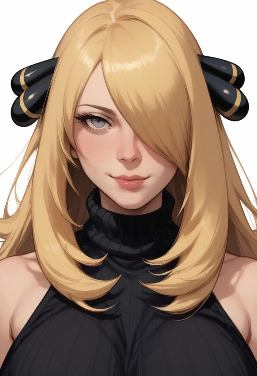 score_9, score_8_up, score_8, score_7_up, score_7, ((close up)), face focus, Expressiveh
BREAK
1girl, solo, Cynthia (pokemon), very long hair, hair over one eye, hair ornament, , large breasts looking at viewer, head tilt, seductive look, aroused, horny, standing, black  turtleneck sweater, light smile
BREAK
white background