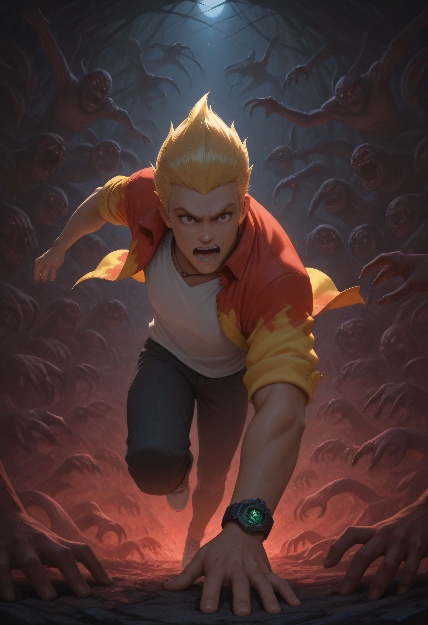 1boy, mmystery_illustrious, blonde hair, red yellow jacket, necklace, watch, dynamic stance, dynamic angle, surrounded by monsters, crawling hands, horror, dark cave background, open mouth, running towards viewers, masterpiece, best quality, high resolution