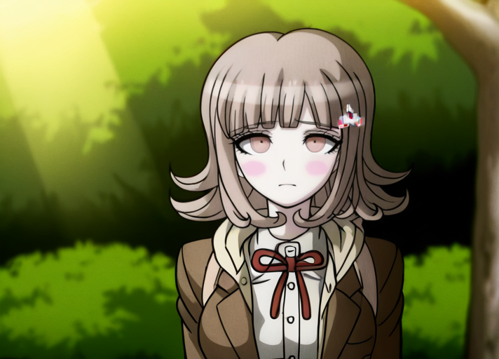 (((solo))), ))She has an remorseful expression . (((closed mouth))), masterpiece, best quality, <lora:Chiaki_Nanami_Illustrious:1>, In the art style of Rui Komatsuzaki, artist: Rui Komatsuzaki,  This anime screencap is from Danganronpa the Animation.  Chiaki Nanami's wearing her uniform from Danganronpa 3. Chiaki Nanami has short hair that slightly curls outwards, though the locks on either side of her face curl inwards. Chiaki Nanami's hair is a dusty light pink that is almost light brown. Chiaki has short straight bangs split towards the right, a white Galaga hairclip pinned to a lock of her hair. Chiaki Nanami has blossom pink eyes. Chiaki's uniform consists of a white button-up dress shirt with a red ribbon tied in a bow at the collar, with a warm brown blazer with a cream-colored hooded cardigan underneath her blazer. She also sports black thigh-high socks and light pink Mary-Jane style shoes with white soles.  Chiaki Nanami is enacting a dabbing . Chiaki's expression is embarrassed expression . Chiaki Nanami is interacting with this environment:  The person sits on a thick branch and observes a barred owl that is perched on another branch. The tree they're sitting on is lush and green. The owl's head is tilted toward the person and the viewer can see the owl's yellow eyes. The owl has brown and white stripes and a white patch around its eye. The tree is full of bright green leaves, sunlight filtering through the branches and illuminating the owl and the person. Some of the branches are bare and brown. The leaves are mostly smooth and oval, with pointed tips. There is a bright white glow in the background behind the tree, suggesting a sunny day. The owl has a serious expression and its wings are folded behind it.
