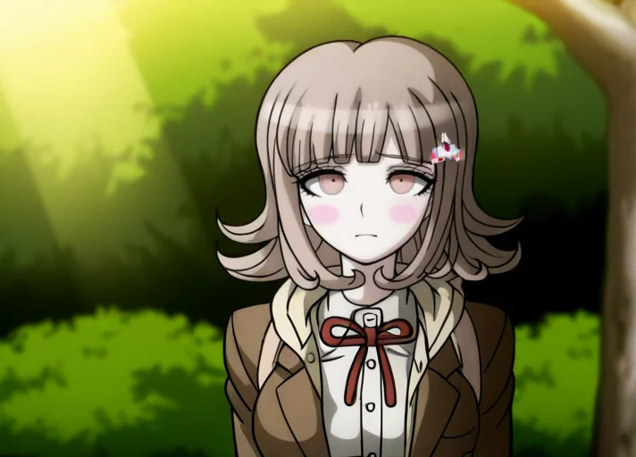 (((solo))), ))She has an remorseful expression . (((closed mouth))), masterpiece, best quality, <lora:Chiaki_Nanami_Illustrious:1>, In the art style of Rui Komatsuzaki, artist: Rui Komatsuzaki, This anime screencap is from Danganronpa the Animation. Chiaki Nanami's wearing her uniform from Danganronpa 3. Chiaki Nanami has short hair that slightly curls outwards, though the locks on either side of her face curl inwards. Chiaki Nanami's hair is a dusty light pink that is almost light brown. Chiaki has short straight bangs split towards the right, a white Galaga hairclip pinned to a lock of her hair. Chiaki Nanami has blossom pink eyes. Chiaki's uniform consists of a white button-up dress shirt with a red ribbon tied in a bow at the collar, with a warm brown blazer with a cream-colored hooded cardigan underneath her blazer. She also sports black thigh-high socks and light pink Mary-Jane style shoes with white soles. Chiaki Nanami is enacting a dabbing . Chiaki's expression is embarrassed expression . Chiaki Nanami is interacting with this environment: The person sits on a thick branch and observes a barred owl that is perched on another branch. The tree they're sitting on is lush and green. The owl's head is tilted toward the person and the viewer can see the owl's yellow eyes. The owl has brown and white stripes and a white patch around its eye. The tree is full of bright green leaves, sunlight filtering through the branches and illuminating the owl and the person. Some of the branches are bare and brown. The leaves are mostly smooth and oval, with pointed tips. There is a bright white glow in the background behind the tree, suggesting a sunny day. The owl has a serious expression and its wings are folded behind it.