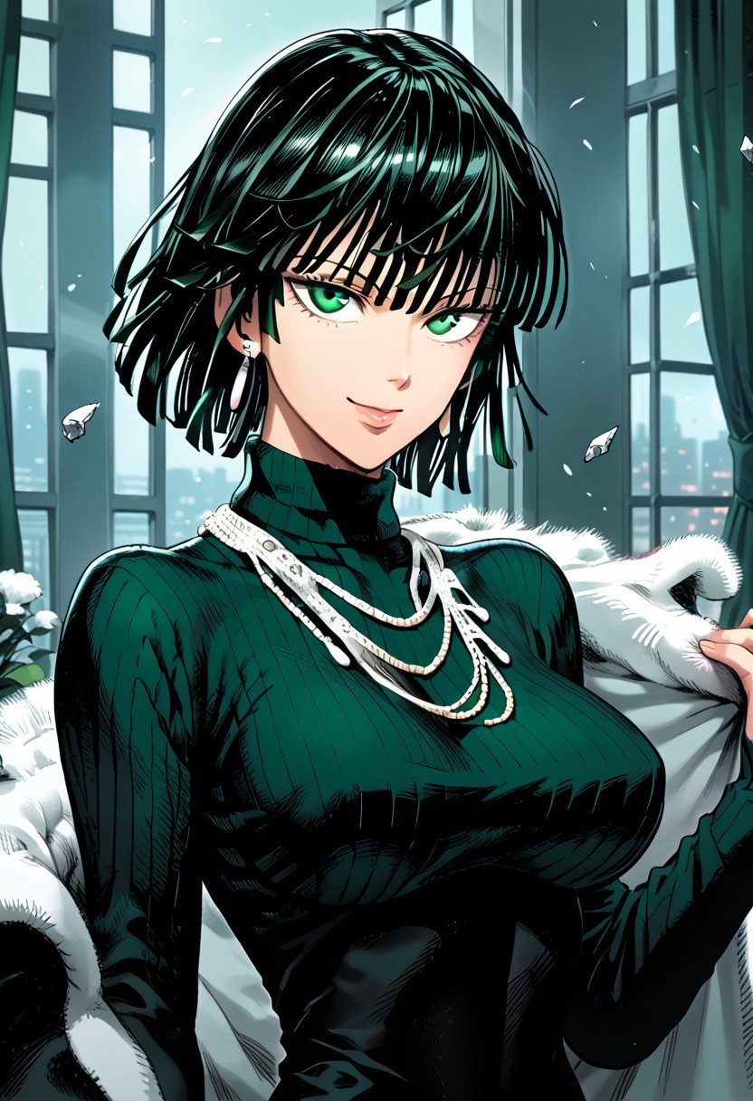 score_9,score_8_up,score_7_up,source_anime, FUBUKI_(ONE_PUNCH_MAN),1girl,solo,breasts,looking at viewer,smile,short hair,bangs,large breasts,black hair,dress,jewelry,closed mouth,green eyes,upper body,necklace,black dress,sweater,lips,turtleneck,ribbed sweater,