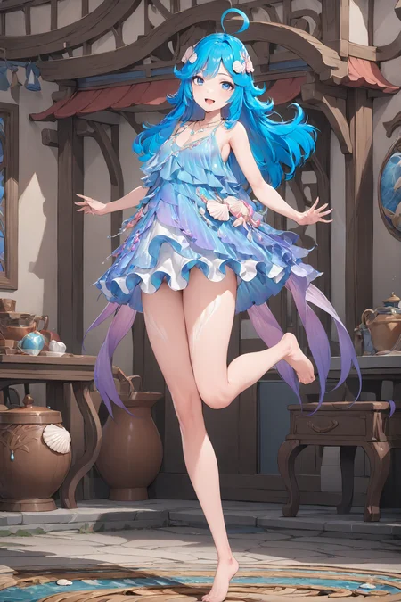 masterpiece, best quality, perfect features, intricate details, 1girl, solo,looking at viewer, standing on one leg, smile, tiptoes, open mouth,
, blue eyes, shiny hair, blue dress, gradient, shell hair ornament, ahoge, necklace, barefoot, <lora:Duoliya_xl:0.8>