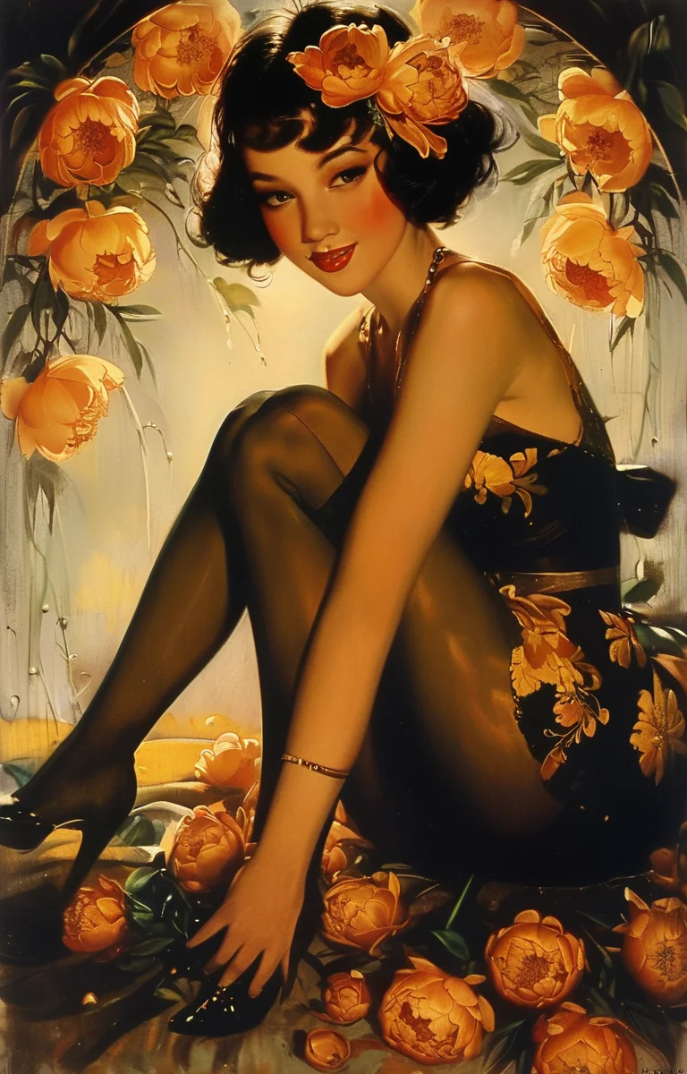 masterpiece,best quality,<lora:tbh216-sdxl:0.9>,illustration,style of Rolf Armstrong, decaying peonies