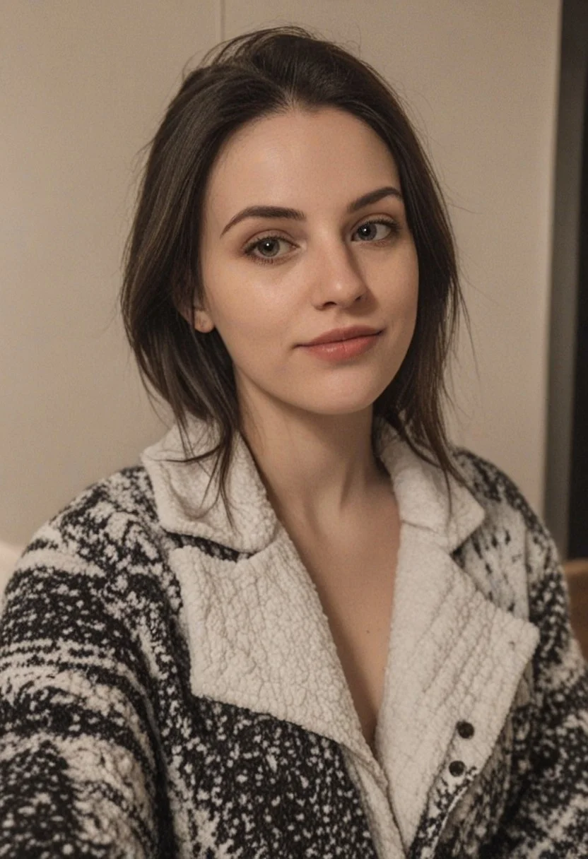 30yo woman wearing Plaid Polar Fleece Shacket with white textures 
long black dark hair slick back and smooth. Kissface. 
smile. Looking at camera. POV.
happy. 
Living room. Fully furnished.
Night time.
Portrait.