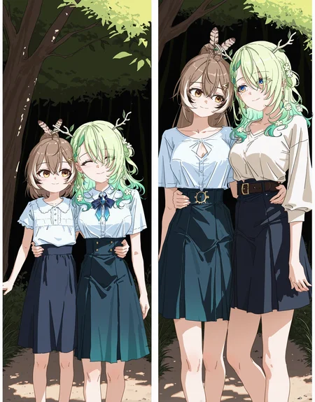 2girls,
age progression, multiple views,
feet out of frame, split screen,
ceres fauna, nanashi mumei,
couple, smile, arm around waist,
dappled sunlight,
xi zhang,
masterpiece, very awa
<lora:concept_ageprog-rls:1>