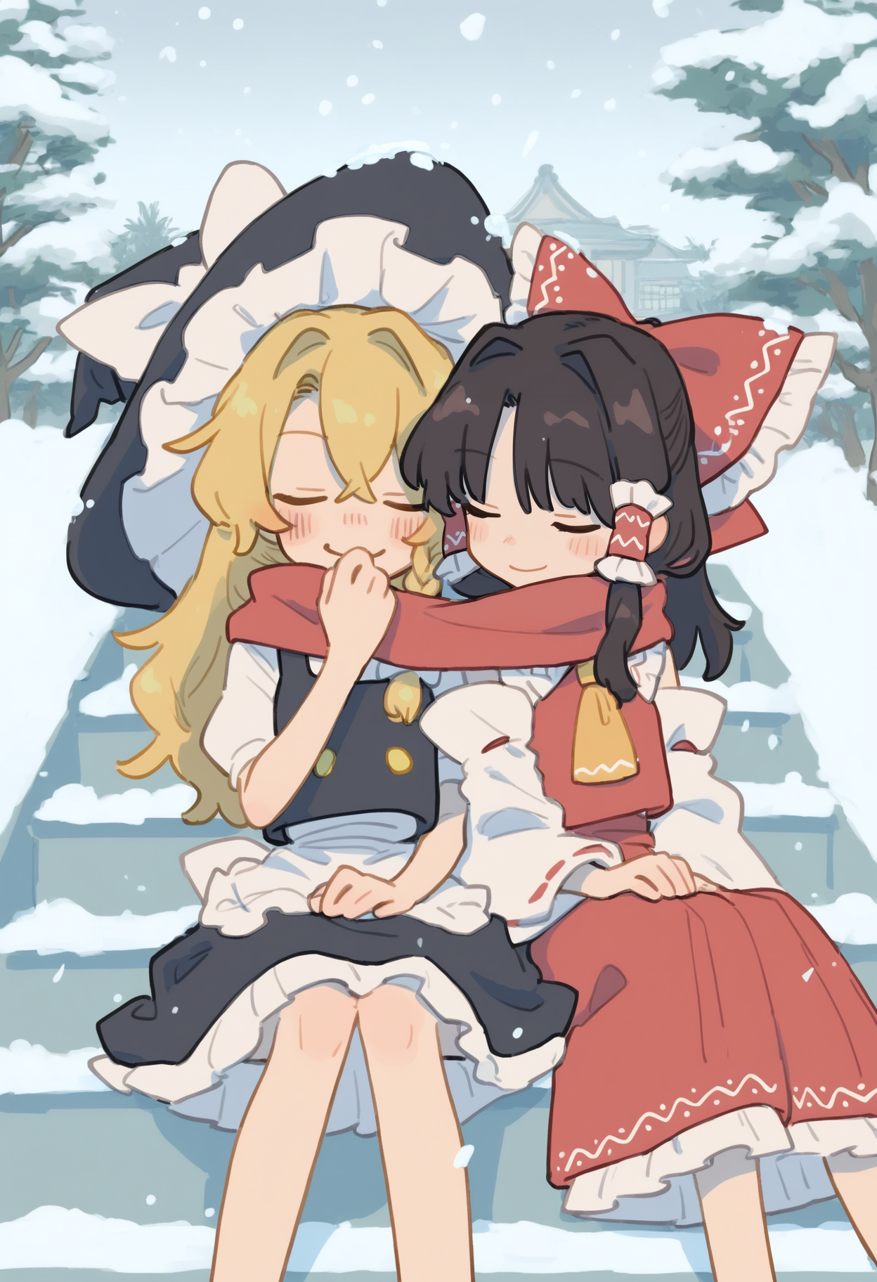 hakurei reimu, kirisame marisa, 2girls, ascot, black hair, black vest, blonde hair, blush, bow, braid, building, crossed bangs, cuddling, detached sleeves, frilled bow, frilled hair tubes, frilled hat, frilled shirt, frills, hair bow, hair intakes, hair tubes, hakama, hand on lap, hand to own mouth, hat, hat bow, japanese clothes, long hair, multiple girls, outdoors, pleated skirt, puffy sleeves, red hakama, red scarf, red skirt, ribbon-trimmed sleeves, ribbon trim, scarf, shared clothes, shared scarf, shirt, single braid, sitting, sitting on stairs, skirt, smile, snow, snowing, stairs, tree, vest, white bow, white shirt, white skirt, white sleeves, wide sleeves, witch hat, yellow ascot, 
, masterpiece, best quality, good quality,
<lora:firedotinc_noob-vpred1.0_prodigy-schedulefree_edm2_v4:1>