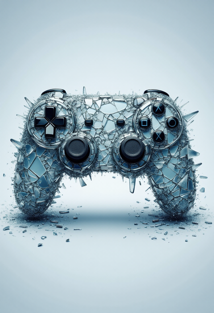 <lora:Glass_Fracture_Former_FLUX-000017:1>
This is a digital artwork featuring a stylized, surreal image of a videogame controller made entirely of shattered glass.