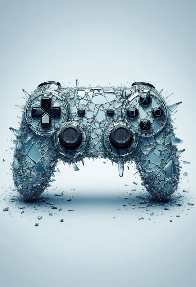 <lora:Glass_Fracture_Former_FLUX-000017:1>
This is a digital artwork featuring a stylized, surreal image of a videogame controller made entirely of shattered glass.