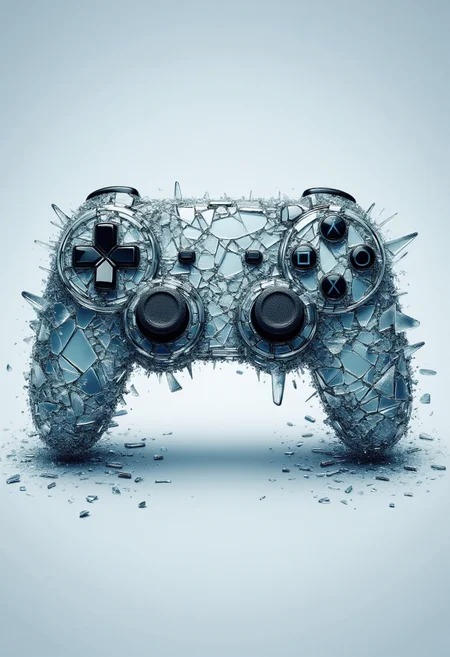 <lora:Glass_Fracture_Former_FLUX-000017:1>
This is a digital artwork featuring a stylized, surreal image of a videogame controller made entirely of shattered glass.