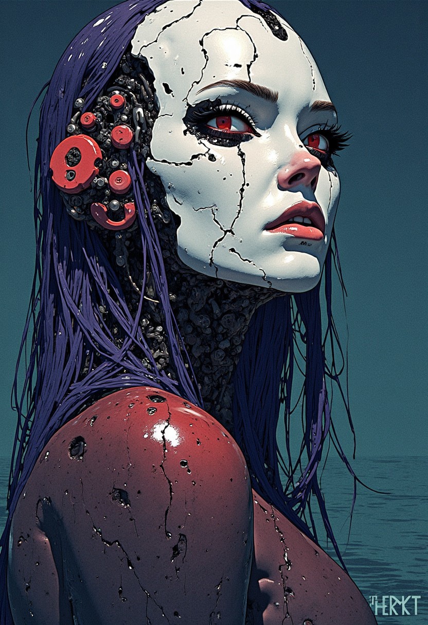 anime, cyberpunk, Detailed, bold lines, ultra realistic, horror, dim colors, ((cut hands)), (cut wires and pipes instead of hands) offcenter, floating on water, (the palate consists of white black and red),(no nose), ((Hole instead of nose)), washed out purple hair, messy hair, her long hair, scary menacing hubris expression, zoom in on face, view form a side, looking away from the camera, monster woman, smooth ceramic head with deep cracks like mask falls off piece by piece, dynamic pose, wet intricate slimy tentacles, reflective skin, visible intricate ornate detailed joints, upper body shot, wet skin, in the water, dark waters in the night, intricate pipes, ceramic with detailed joints, silky tentacles, smooth, sharp,