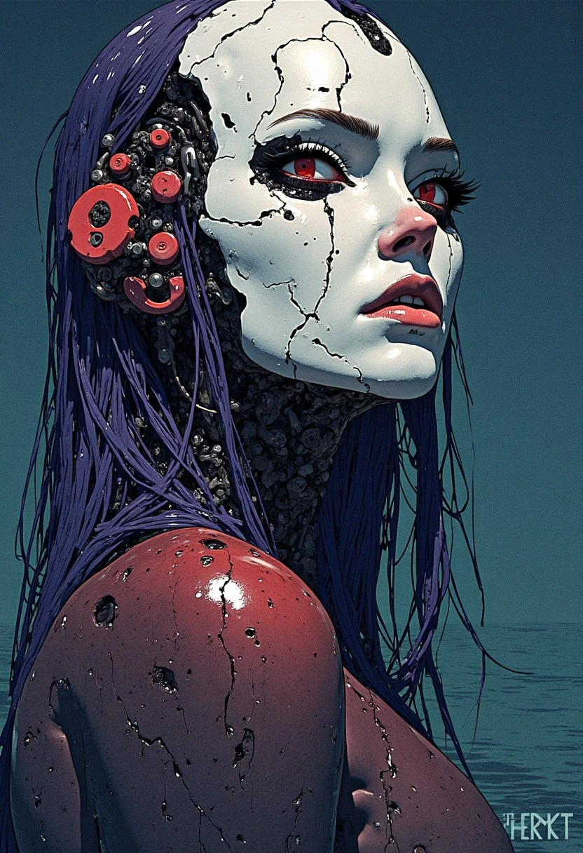 anime, cyberpunk, Detailed, bold lines, ultra realistic, horror, dim colors, ((cut hands)), (cut wires and pipes instead of hands) offcenter, floating on water, (the palate consists of white black and red),(no nose), ((Hole instead of nose)), washed out purple hair, messy hair, her long hair, scary menacing hubris expression, zoom in on face, view form a side, looking away from the camera, monster woman, smooth ceramic head with deep cracks like mask falls off piece by piece, dynamic pose, wet intricate slimy tentacles, reflective skin, visible intricate ornate detailed joints, upper body shot, wet skin, in the water, dark waters in the night, intricate pipes, ceramic with detailed joints, silky tentacles, smooth, sharp,