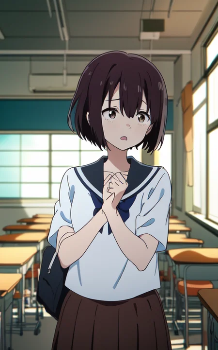 <lora:aSilentVoiceKoeNoKatachi_offset> KOE NO KATACHI, Kyoto Animation, ANIME, 1girl, cute, best quality, ultra high res, classroom, detailed background, detailed lighting, (chromatic aberration:0.6), depth of field, sailor uniform, seifuku, brown skirt, blue bow, white shirt
