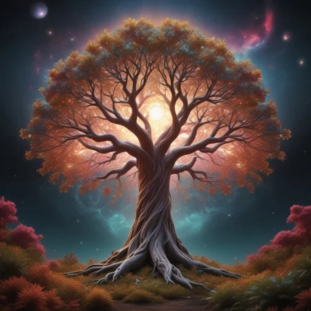 white huge tree grows from the black hole in the center of galaxy, fluorescent leaves, white glowing bark, alien colorful planets grow on branches of the tree, life energy flows through the roots of the tree, space, cosmic scenery, clouds of cosmic dust around, black background, hyperrealistic, photorealistic, atmospheric scene, depth of field, 8k quality, extreme detailed, colorful, award-winning masterpiece, abstract beauty