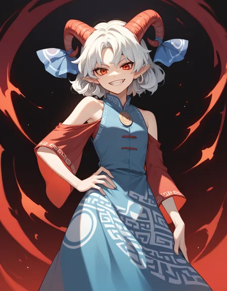 1girl,solo,toutetsu yuuma,standing, hand on own hip, cowboy shot,(grin:0.7),(hell:0.7), white hair,blue dress, red sleeves, bare shoulders <lora:toutetsuLocon:0.9>, source_anime, score_9, score_8_up, score_7_up, highly detailed, clear line