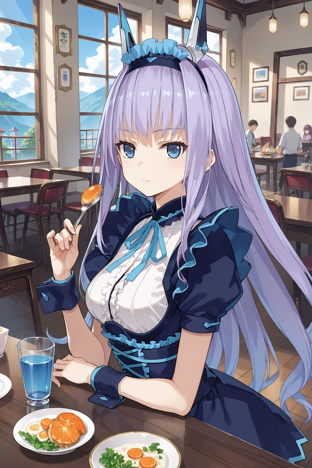 score_max, (score_9, score_8_up, score_7_up:1.0), score_6_up, official art, source_anime,
masterpiece, absurdres, high detail, 8k,
curry shop, counter table, water glass, upper body,
sitting, curry rice, holding spoon, expressionless, puffy cheeks,
ddpmaria, headgear, hairband, headdress, frills, neck ribbon, dress, short sleeves, wrist cuffs,
<lora:XL_Pony_gomaotsu-maria-t3:1.0>