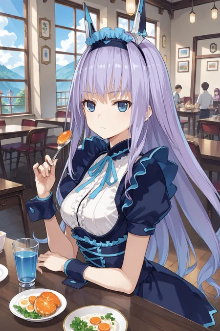 score_max, (score_9, score_8_up, score_7_up:1.0), score_6_up, official art, source_anime,
masterpiece, absurdres, high detail, 8k,
curry shop, counter table, water glass, upper body,
sitting, curry rice, holding spoon, expressionless, puffy cheeks,
ddpmaria, headgear, hairband, headdress, frills, neck ribbon, dress, short sleeves, wrist cuffs,
<lora:XL_Pony_gomaotsu-maria-t3:1.0>