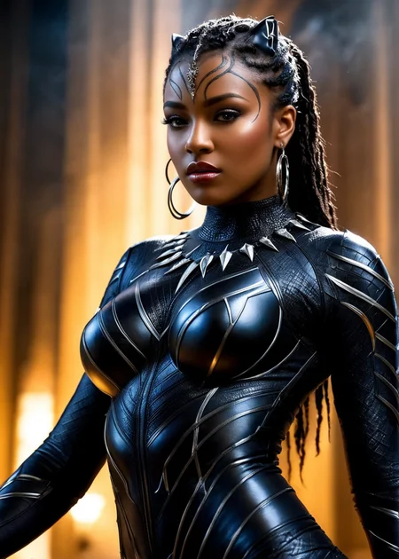 Photo, masterpiece, best quality, dramatic angle, art by luis royo:1.5, black panther queen, large breasts,, intricate details, cinematic, good lighting, vibrant colors, (high quality texture), (sharp), (artistic image), 8K, detailed, dynamic, depth of field, intricate, <lora:add-detail-xl:0.8>
