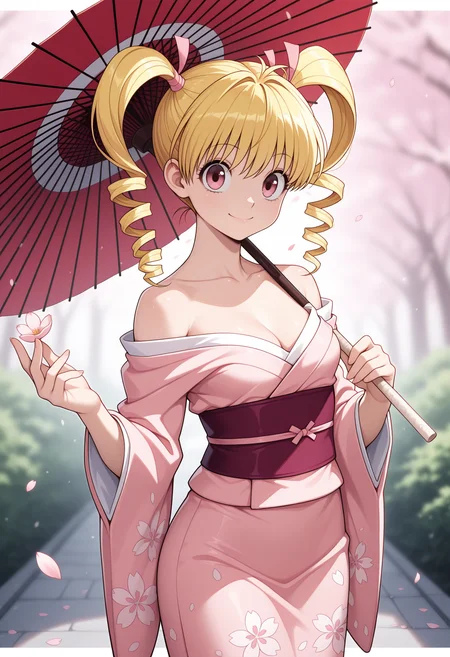 1girl, solo, pink eyes, blonde hair, long hair, twin drills, hair ribbon, pink ribbon, looking at viewer, hunter x hunter, small breasts,
holding, holding umbrella, oil-paper umbrella, umbrella, kimono, off-shoulder, cleavage, floral print, smile, looking at viewer, petals, sakura, standing, blurry background, cowboy shot,
,masterpiece,best quality,amazing quality,
<lora:bisky_meipaws:.9>