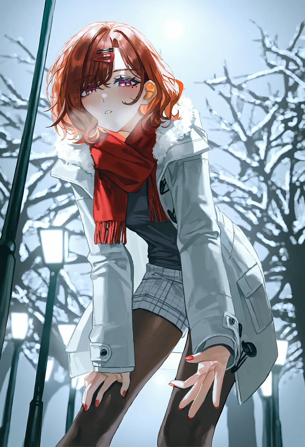 higuchi madoka,1girl,bare tree,black pantyhose,blurry,blush,breasts,breathing,brown hair,building,coat,depth of field,dot nose,from below,fur-trimmed coat,fur trim,grey coat,grey shirt,grey shorts,lamppost,leaning forward,long sleeves,looking at viewer,medium breasts,mole,mole under eye,nail polish,open clothes,open coat,outdoors,pantyhose,parted lips,plaid clothes,plaid shorts,reaching,reaching towards viewer,red eyes,red nails,red scarf,scarf,shirt,short hair,shorts,snowing,solo,swept bangs,tree,winter,perspective,(quasarcake:0.95),tianliang duohe fangdongye,