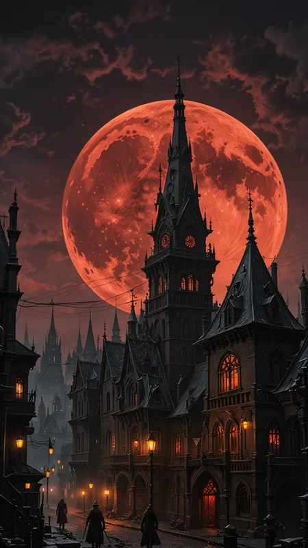The city of yharnam, oil painting, Red moon, realistic, extreme detail, scary, terrifying, dark and warm environment, 8k, Epic, (Use Dream Diffusion Secret Prompt), UHD