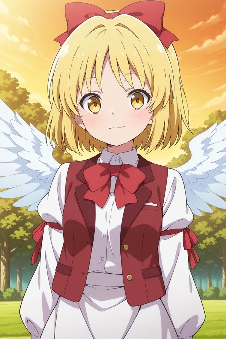 absurdres, highres, masterpiece, best quality, amazing quality, official anime artwork, screencap, anime screencap, outdoors, looking at viewer, light smile, dynamic pose, standing,
<lora:Gengetsu_Illustrious:1> gengetsu, yellow eyes, blonde hair, short hair, angel wings,, hair bow, red bow, red bowtie, red vest, open vest, white shirt, puffy long sleeves, sleeve ribbon, white skirt,