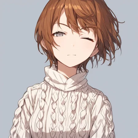 anime coloring, score_9, score_8_up, score_7_up, score_6_up, kinuhata saiai, toaru, 1girl, solo, brown hair, short hair, x3, Aran sweater, cable knit, winking at viewer, one eye closed, at the amusement park, looking at viewer, gray eyes, white shirt, upper body