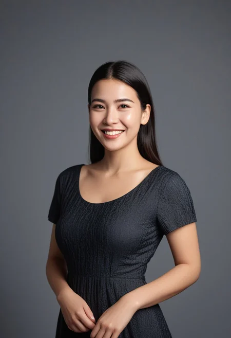 30yo american woman in a photostudio
Modeling High cut, high Quality Dress.
Slight makeup, heavy rimmel. Clear skin.  realistic skin style
Long dark black slick back hair. 
Shooting light, indors, cable light
Studio background.
Winking left eye. Smiling.
Bokeh. Heavy Bokeh light.