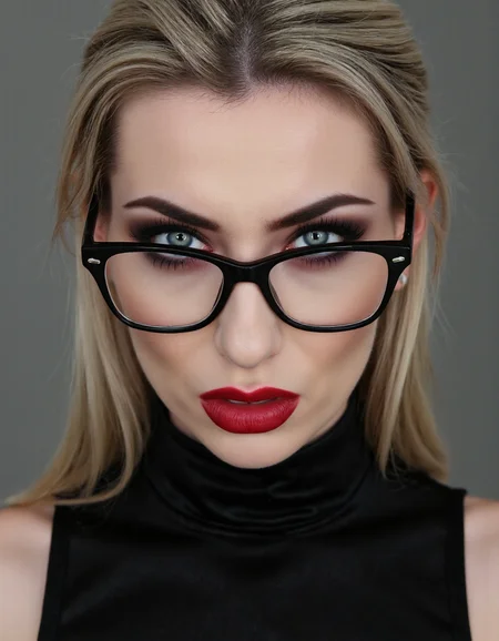 A striking portrait of a fierce blonde woman with piercing eyes and bold, direct eye contact. She wears natural-looking brick-red lipstick and large, avant-garde glasses. The composition embodies a high-fashion editorial aesthetic, blending ethereal beauty with dramatic shadows and luxurious fashion details. The zoomed-out perspective places the subject in 30% of the frame, leaving ample negative space around her head for a modern, minimalist feel. The subtle 3D effect enhances the visual depth, creating a captivating and dynamic image.