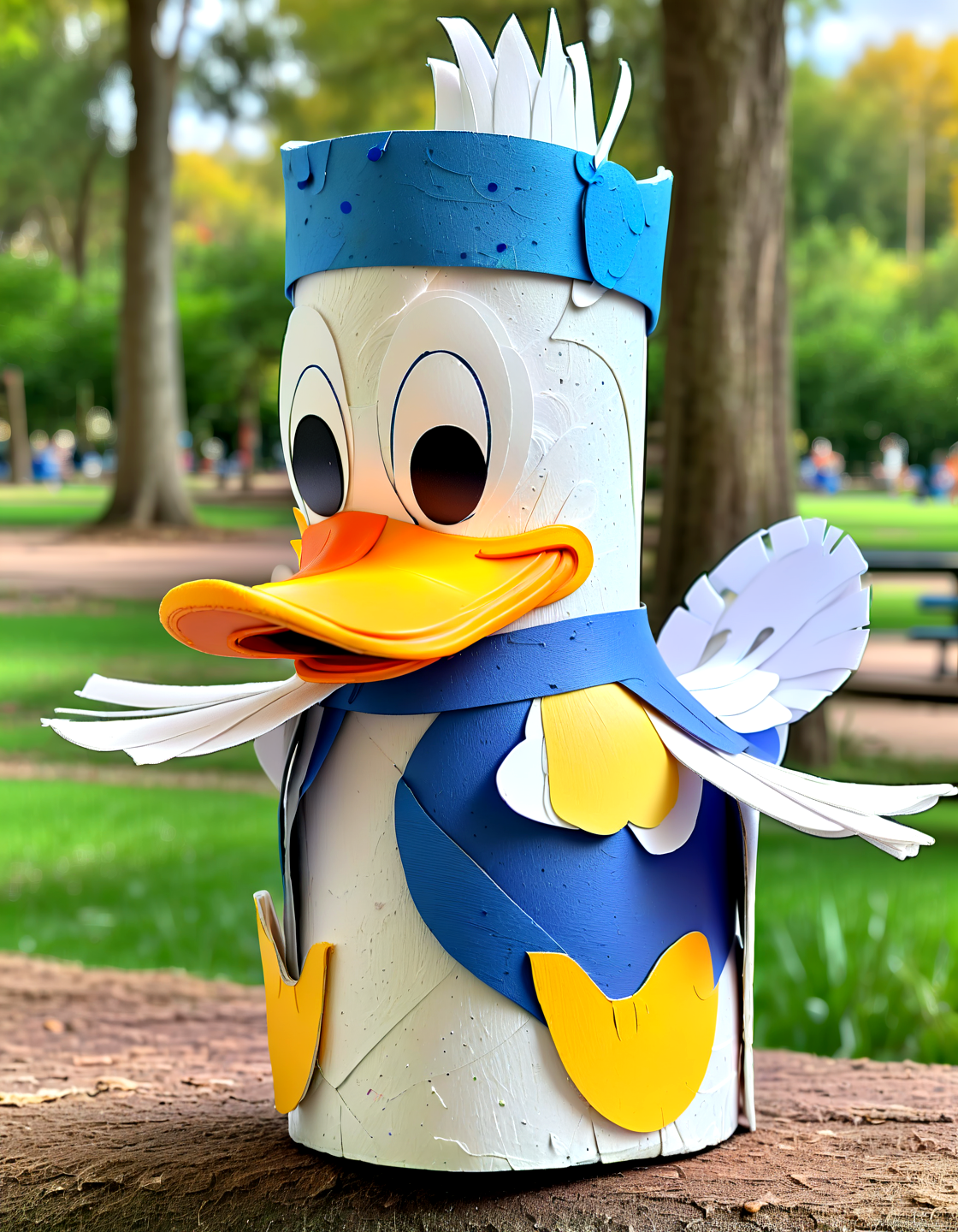 Macro Photography donald duck made of toilete paper roll, tprc style, at a park, clorfull, masterpice, 8k,,, Macro Photography, often for close-up views, small subjects, or detailed examination.
