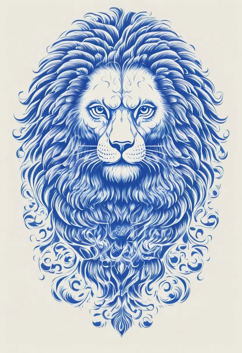 Lion in johan kretschmar style, cibulak, blue, white background