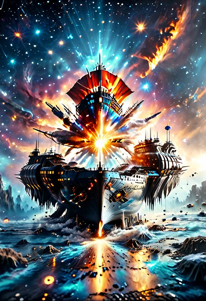 high quality, 8K Ultra HD, highly realistic, The great and sleek black ship is moving forward, blasting through space. It has powerful cannons facing forward that are unleashing powerful blue neutron beams upon an unseen foe. Embark on an enchanting 8K photorealistic journey as a magnificent starship blasts through a star system. The ship gracefully flies among other ships. The starship's design boasts advanced technological elements. The camera captures every minute detail, by VelvetS, octane render,from slightly to the side. perfectly symmetrical ship. Weapons fire blue energy beams,
<lora:DonM3t3rn1tyXL-v1.1:0.7>, DonM3t3rn1tyXL,
OverallDetailXL <lora:MJ52:0.3> <lora:SDXLFaeTastic2400:0.4>