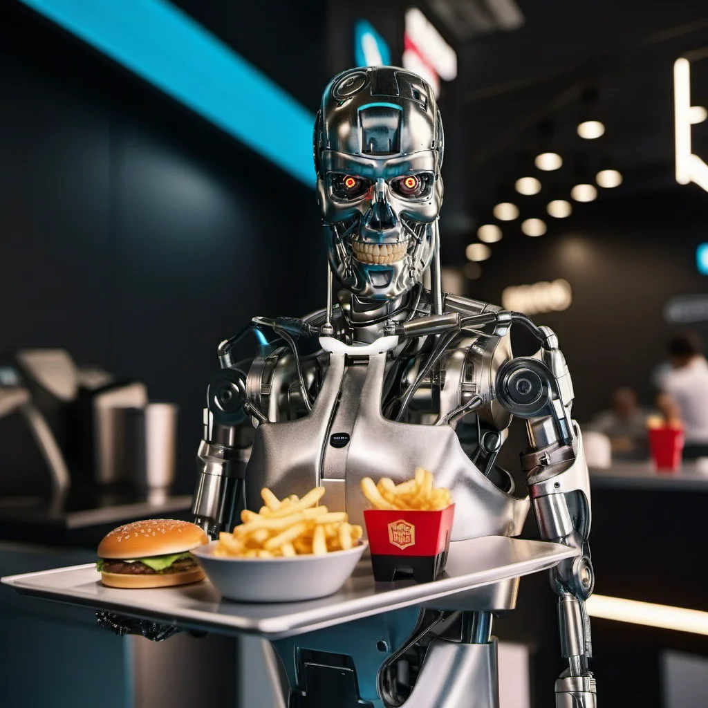 T800-1024, a robot serving burger and fries in a fastfood, detailed eyes, highly detailed, photography, ultra sharp, film, bokeh, professional, 4k <lora:add-detail-xl:1.5> <lora:T800-1024-000450:0.8>