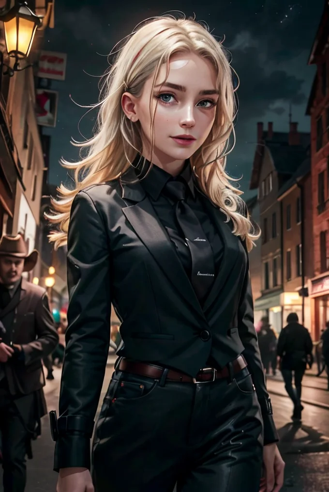 (cowboy shot:1.1), (masterpiece, best quality, high quality, highres, ultra-detailed), lamppost, night, crowd, 
1girl, long hair, platinum blonde hair, green eyes, looking at viewer, light smile, allblacksuit, 
AS-Adult, Asian-Less, SkinHairDetail, <lora:attire_allblacksuit:1>,