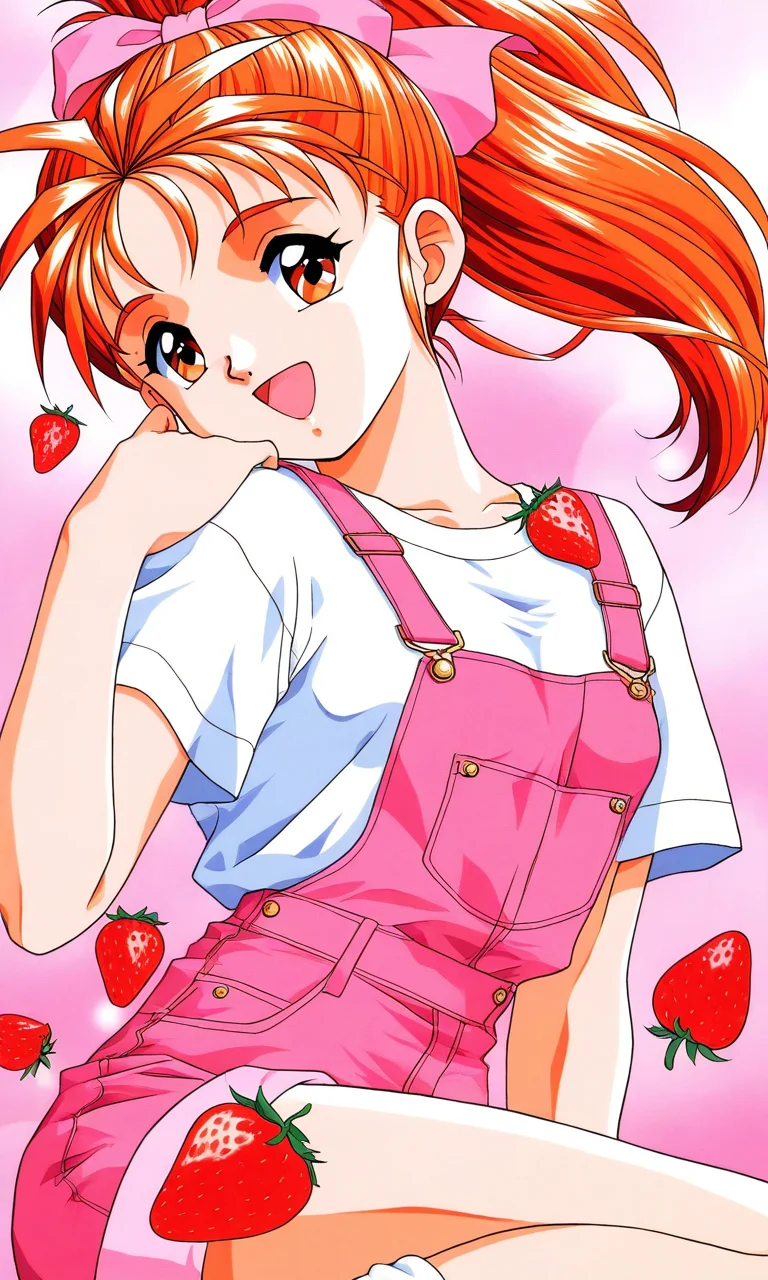 general,highres, ultra-detailed,very aesthetic,best quality ,best hands, BREAK <lora:Saotome_Yumi_Tokimeki_Memorial_IS:1>
Saotome_Yumi(Tokimeki_Memorial), 1girl, solo, closed eyes, orange hair, hair bow, high ponytail, long hair, small breasts,
open mouth, happy,
fruit, bow, food, shirt, strawberry, orange eyes, overalls, smile, looking at viewer, food print, t-shirt, socks, short sleeves, white shirt, upper body, solo focus, closed mouth