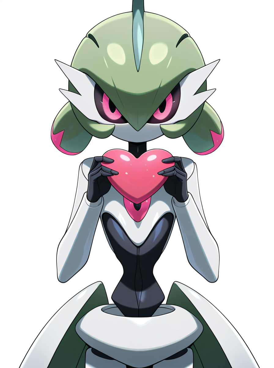 masterpiece, best quality, amazing quality, very aesthetic, absurdres, newest  anime screenshot,  anime coloring,  <lora:ironvalinatillust:1>green hair, ironvaliantillust, pokemon (creature), colored skin,, white skin, pink eyes, humanoid robot,  holding heart,  looking at viewer,  simple background,  white background,