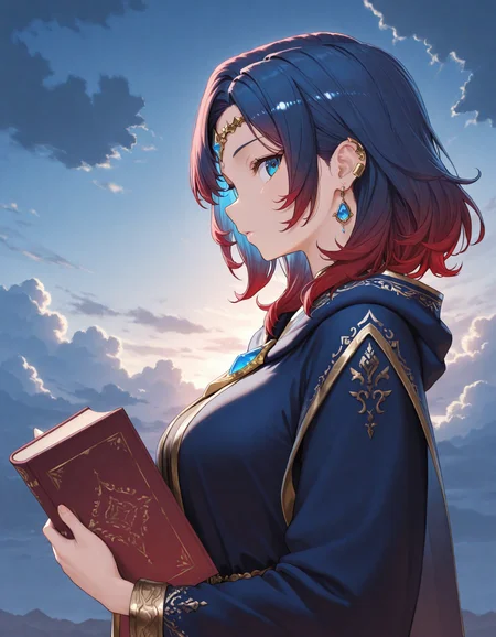 1girl, masterpiece, medium hair, from side, solo, blue hair, earring, earclip, blue eyes, sideways glance, sky, holding book, scenery, gradient hair, red hair, cloudy sky, diadem, robe, gold trim,
